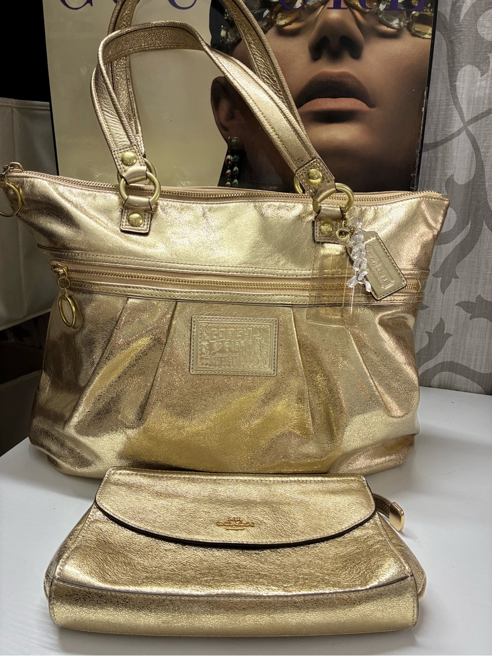 Coach Poppy Metallic Gold Tote and Matching Wristlet